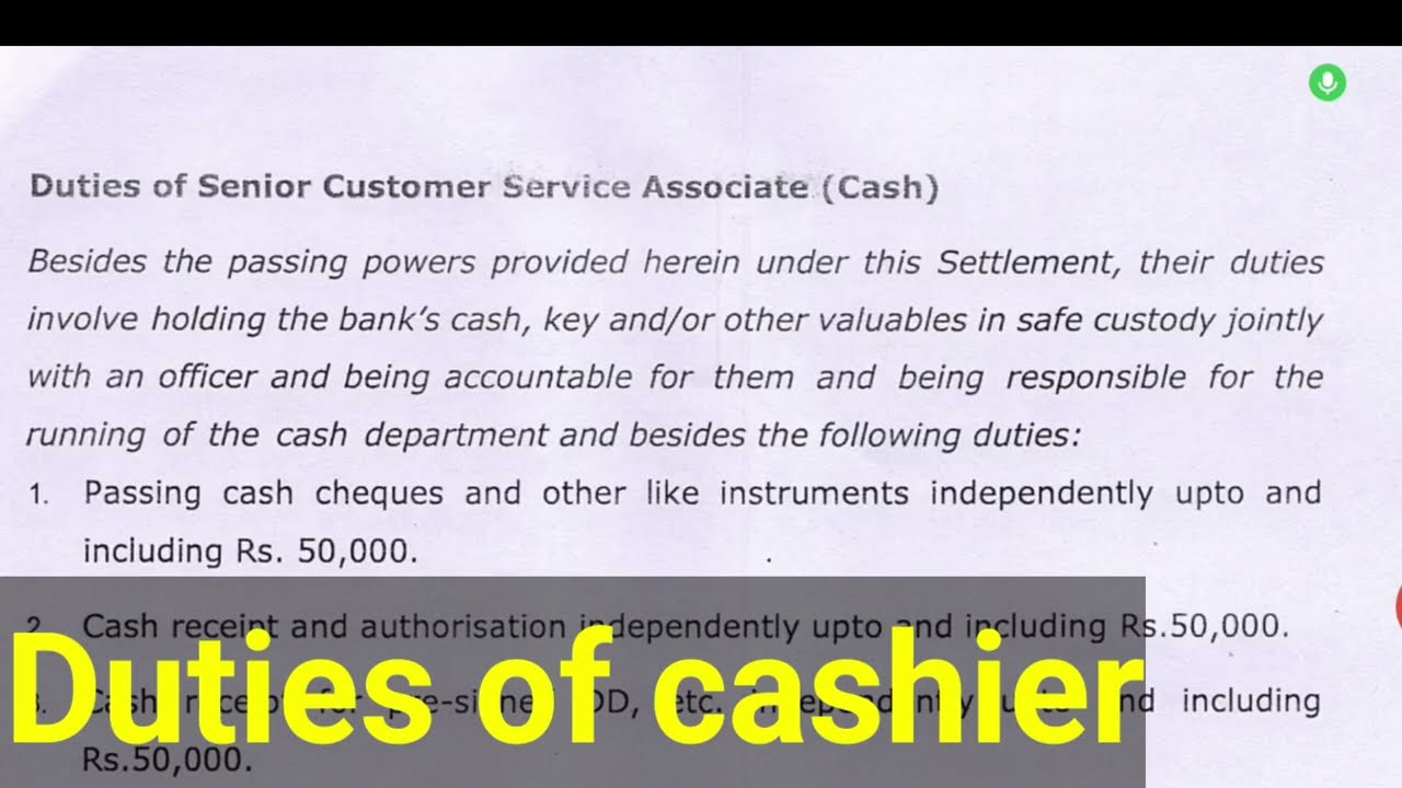 12th Bipartite settlement cashier's duty