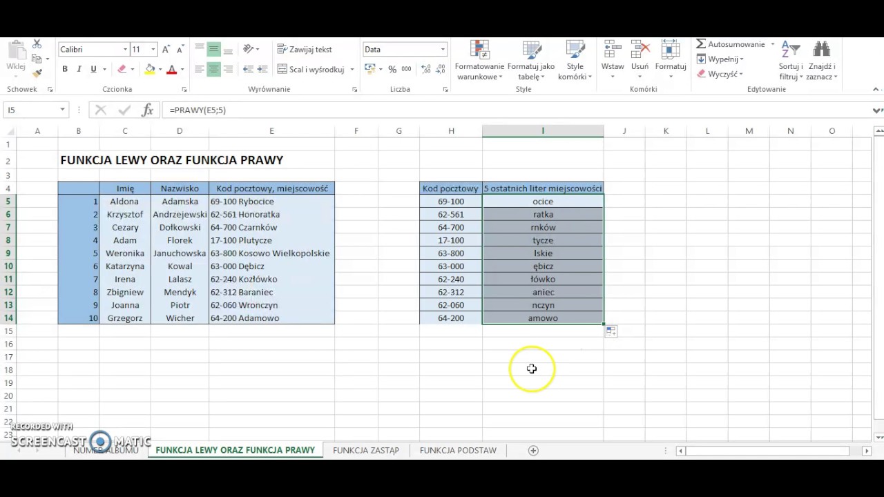 EXCEL - funkcja LEWY, PRAWY, ZASTĄP, PODSTAW