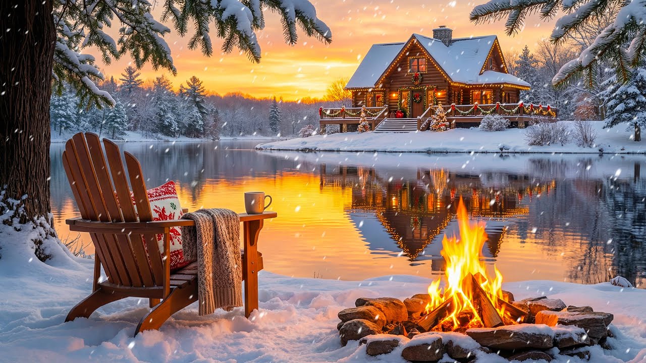 Cozy Lakeside Campfire in Winter Forest ❄️🔥 Gentle Fire Sounds & Christmas Ambience for Calm Evening