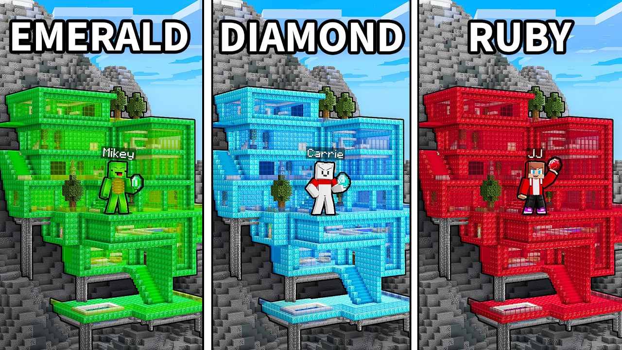 JJ vs Mikey vs Carrie: MOUNTAIN HOUSE BATTLE in Minecraft - Maizen