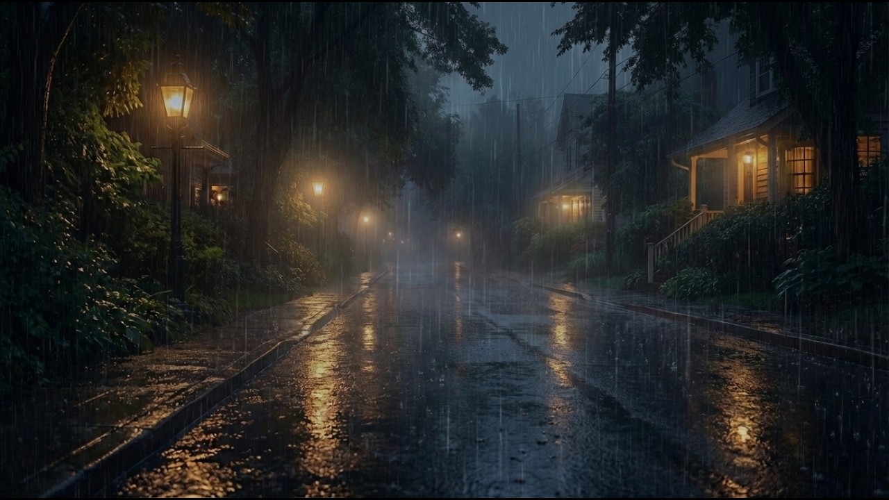 Light Rain Drizzle on Empty Street at Midnight | No Thunder, Pure Rain White Noise