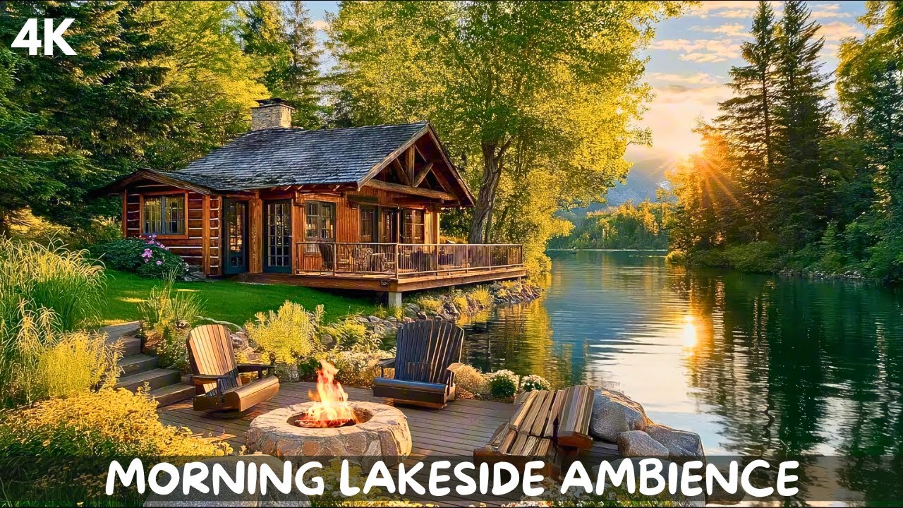Morning Lakeside Ambience with Nature Sounds & Relaxing Campfire🔥4K - Relax & Stress Relief