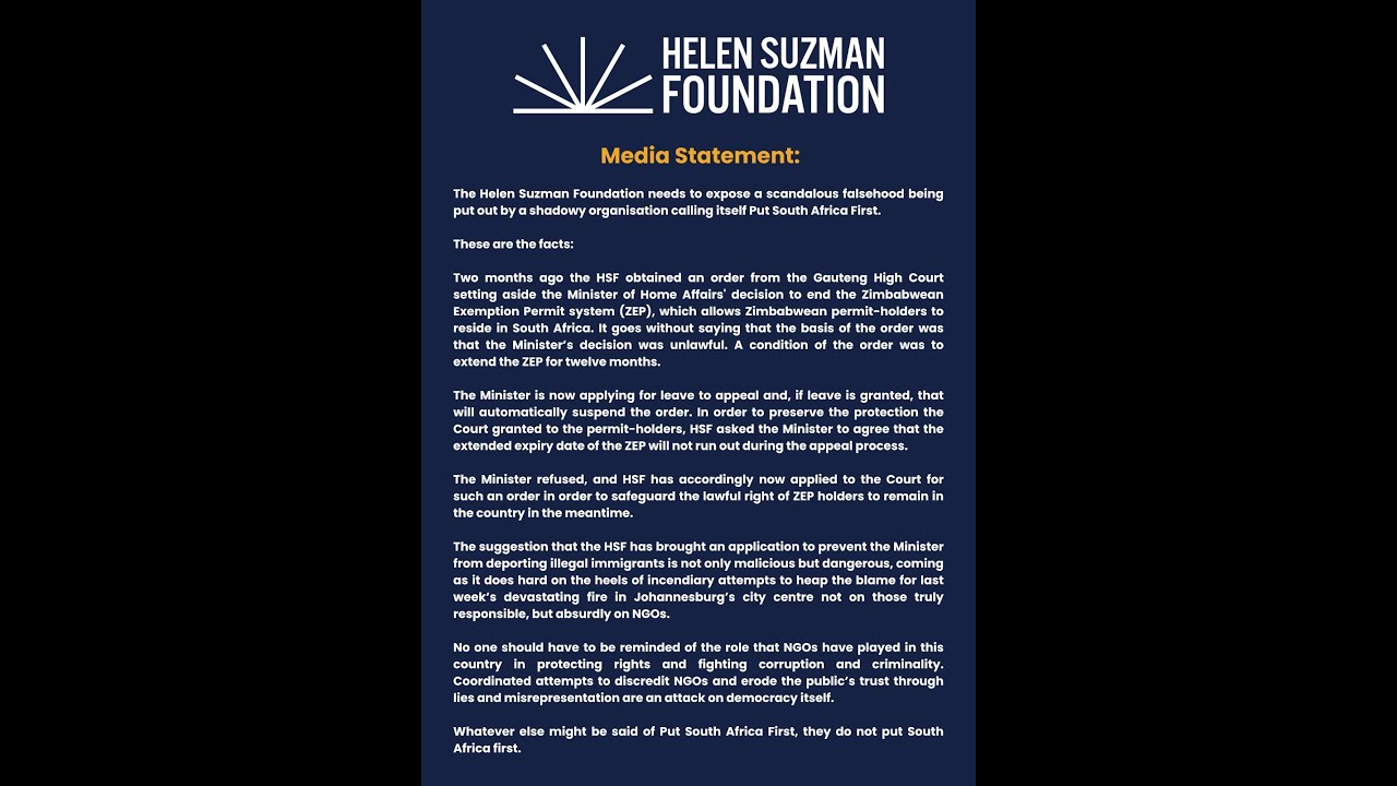 ZEP: Helen Suzman Foundation on claims it is fighting for non-deportation of illegal immigrants