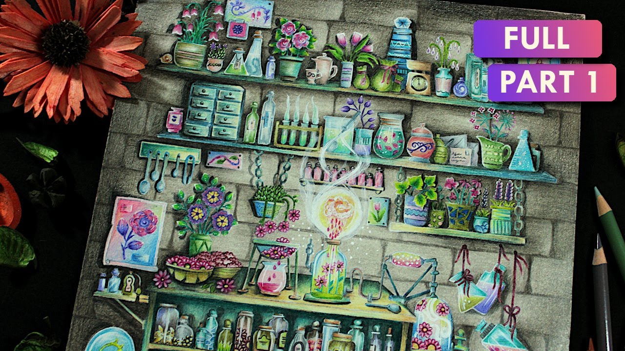 Coloring Tutorial: Magic Shelves Part 1 | WORLD OF FLOWERS book by Johanna Basford | Prismacolor
