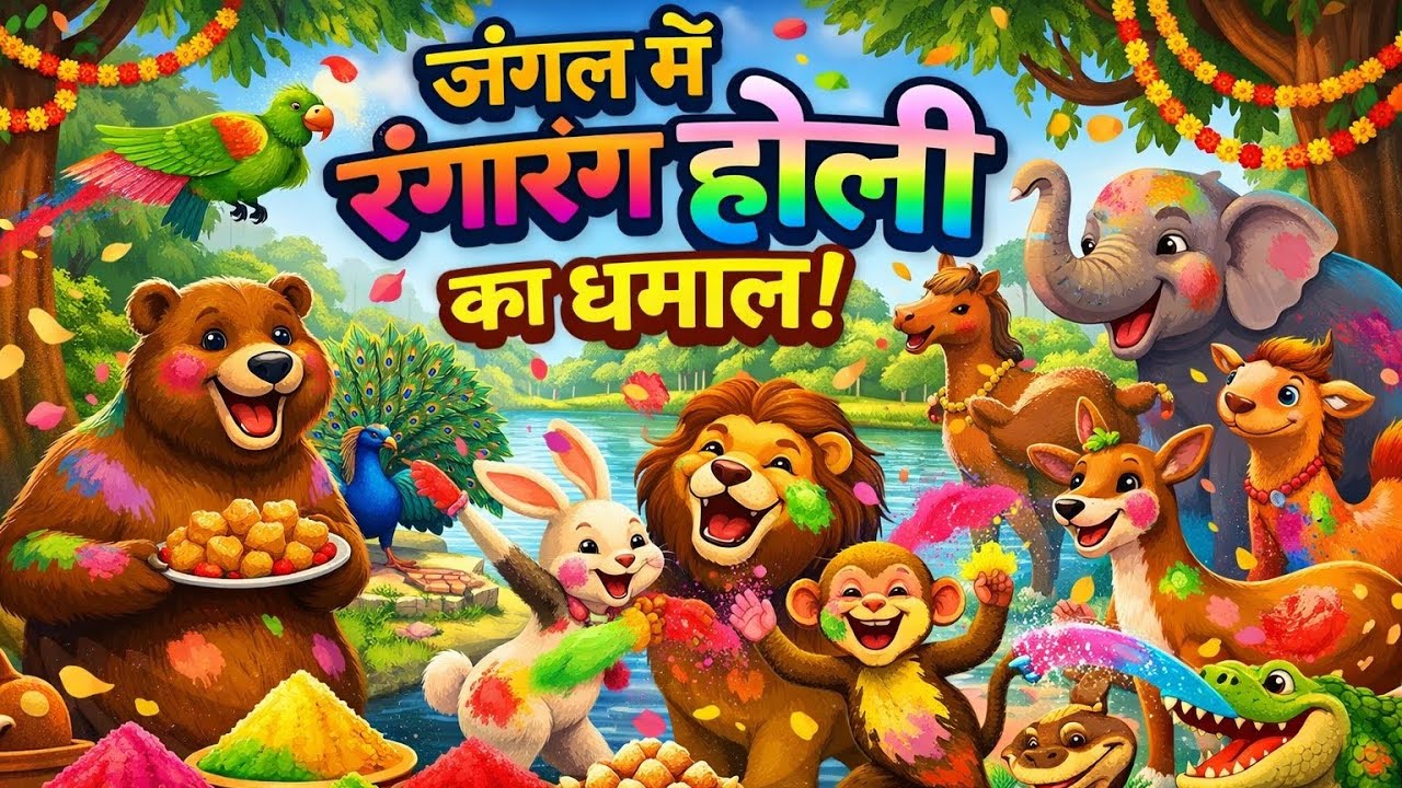 जंगल में रंगारंग होली का धमाल 🥳🌈 | Animals Holi Celebration Cartoon Story | Kids Funny Animation