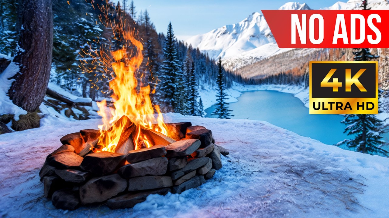 Peaceful Snowy Campfire in the Mountains (6 Hours) ❄️ – Cozy Fire, Frozen Lake & Nature Sounds