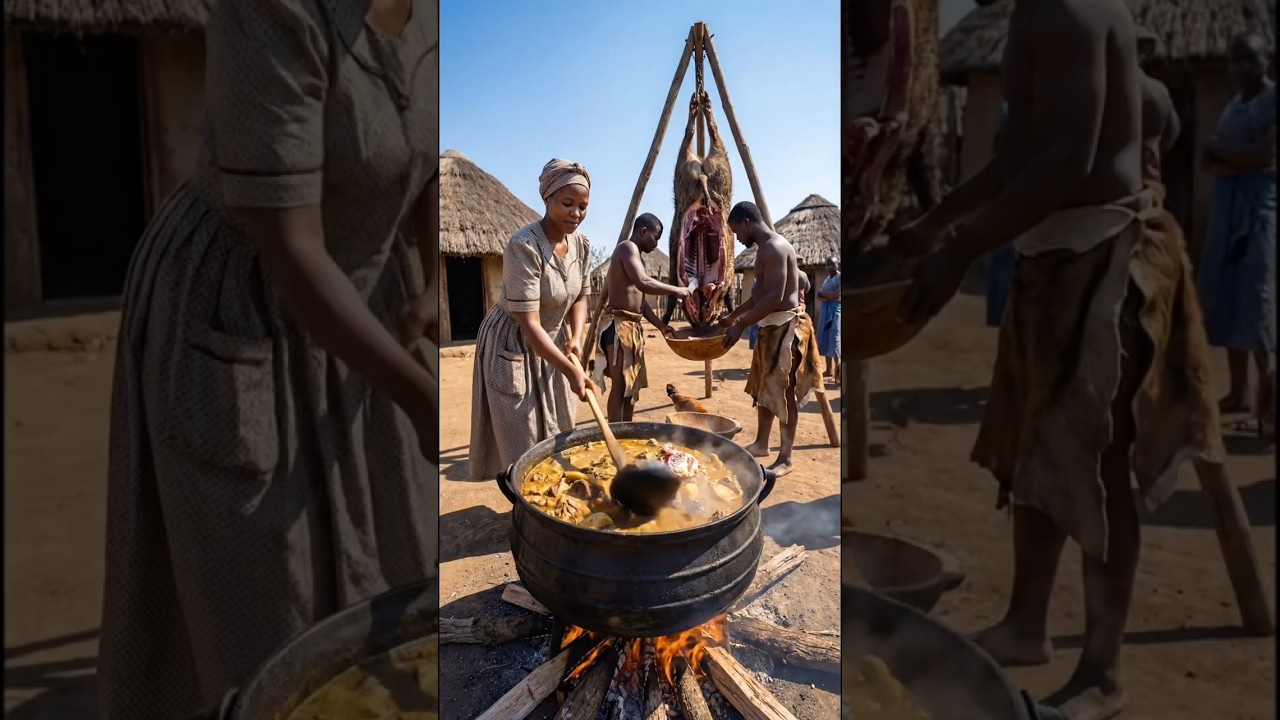 Tribal Feast: Cooking Meat Stew in a Large Pot Over Open Fire🔥🍲  #tribalcooking #tribalfood #shorts
