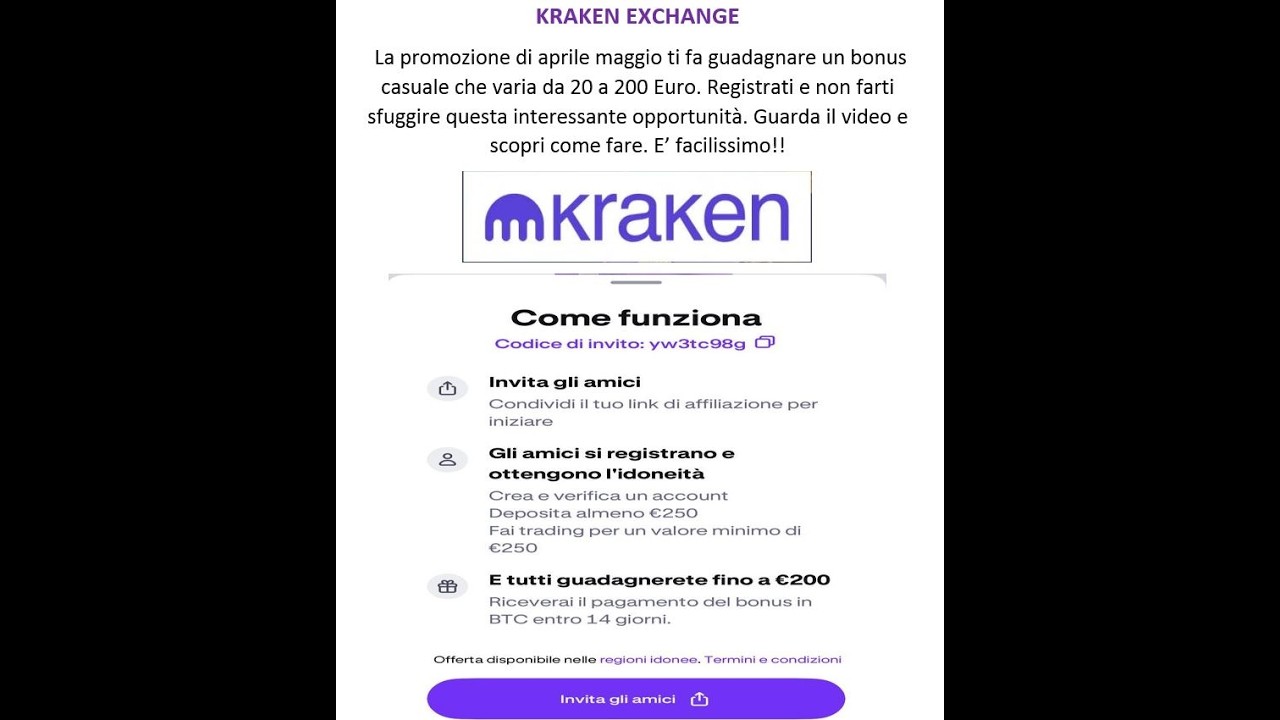 KRAKEN EXCHANGE. Bonus invita un amico da 20 a 200 euro. Facile e veloce e sito super-affidabile!