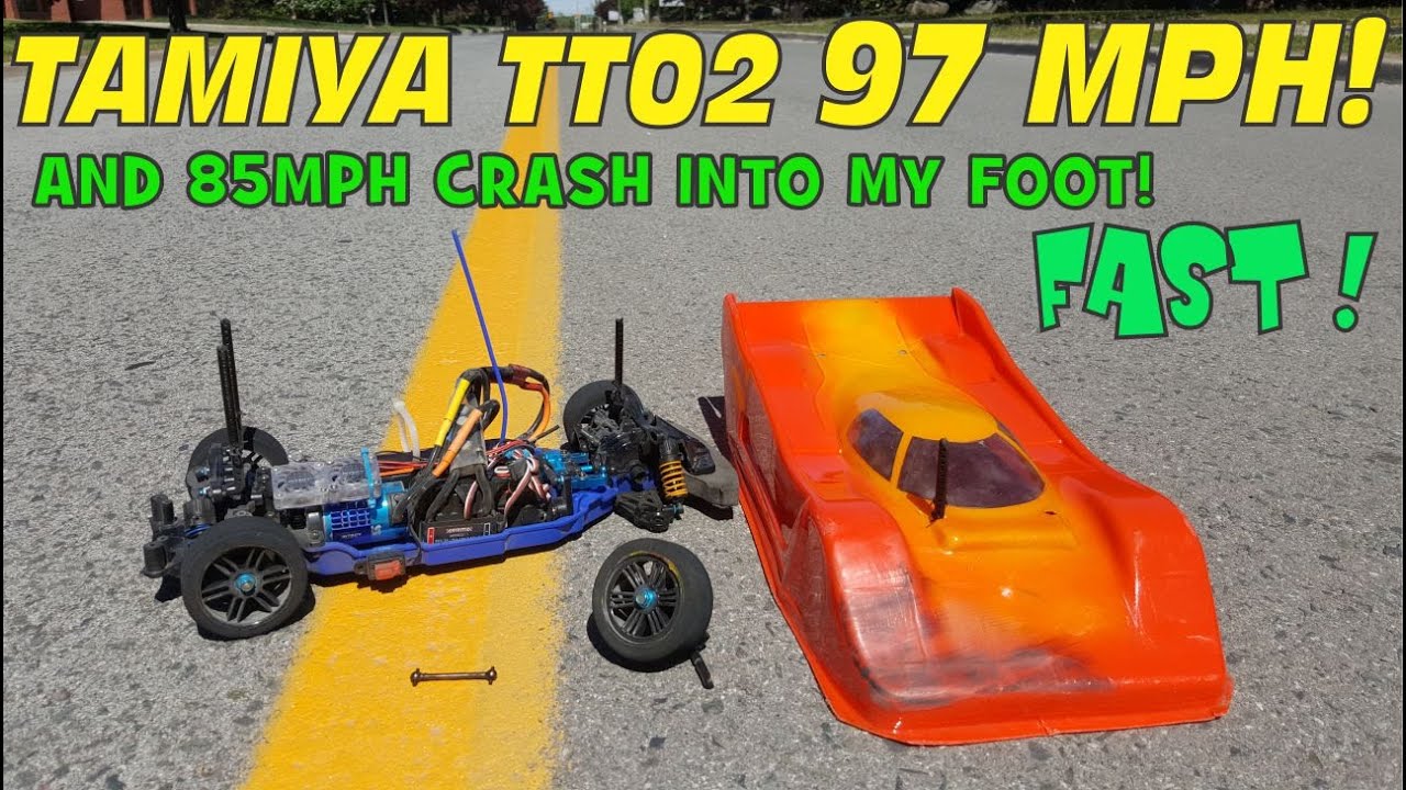 Tamiya TT02 97MPH Speed Run PB - And then 85mph Crash into my foot!