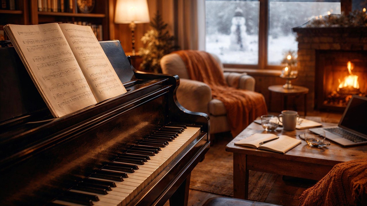 Winter Piano Ambience | Cozy Snowy Night with Fireplace Relaxing Piano Music