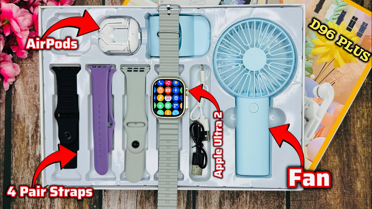 D96 Plus Ultra Combo: Smartwatch, AirPods, Fan & 4 Straps✅✨