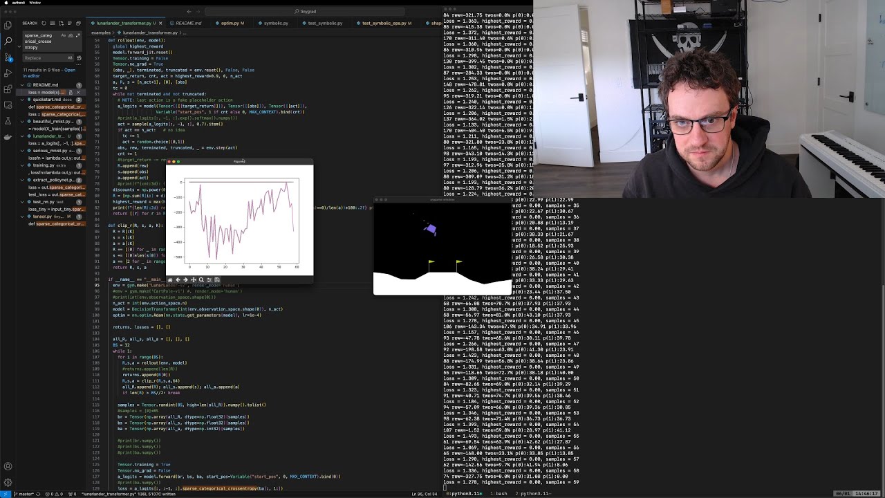 George Hotz | Programming | Decision Transformer Reinforcement Learning (RL) | LunarLander | Part 1