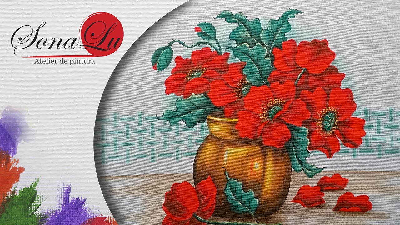 Aula 916 - Vaso com Papoulas Vermelhas em Pano de Prato
