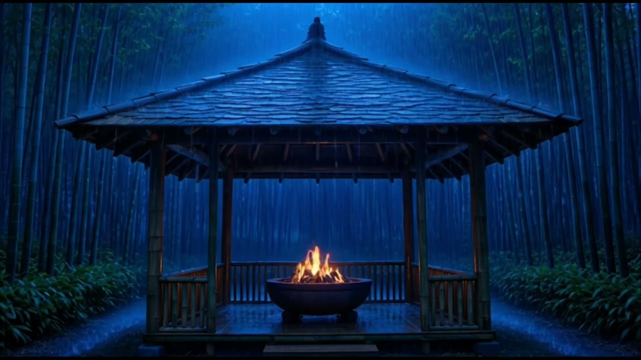 Bamboo Forest Gazebo Campfire Refuge During Heavy Midnight Downpour | 25 Percent