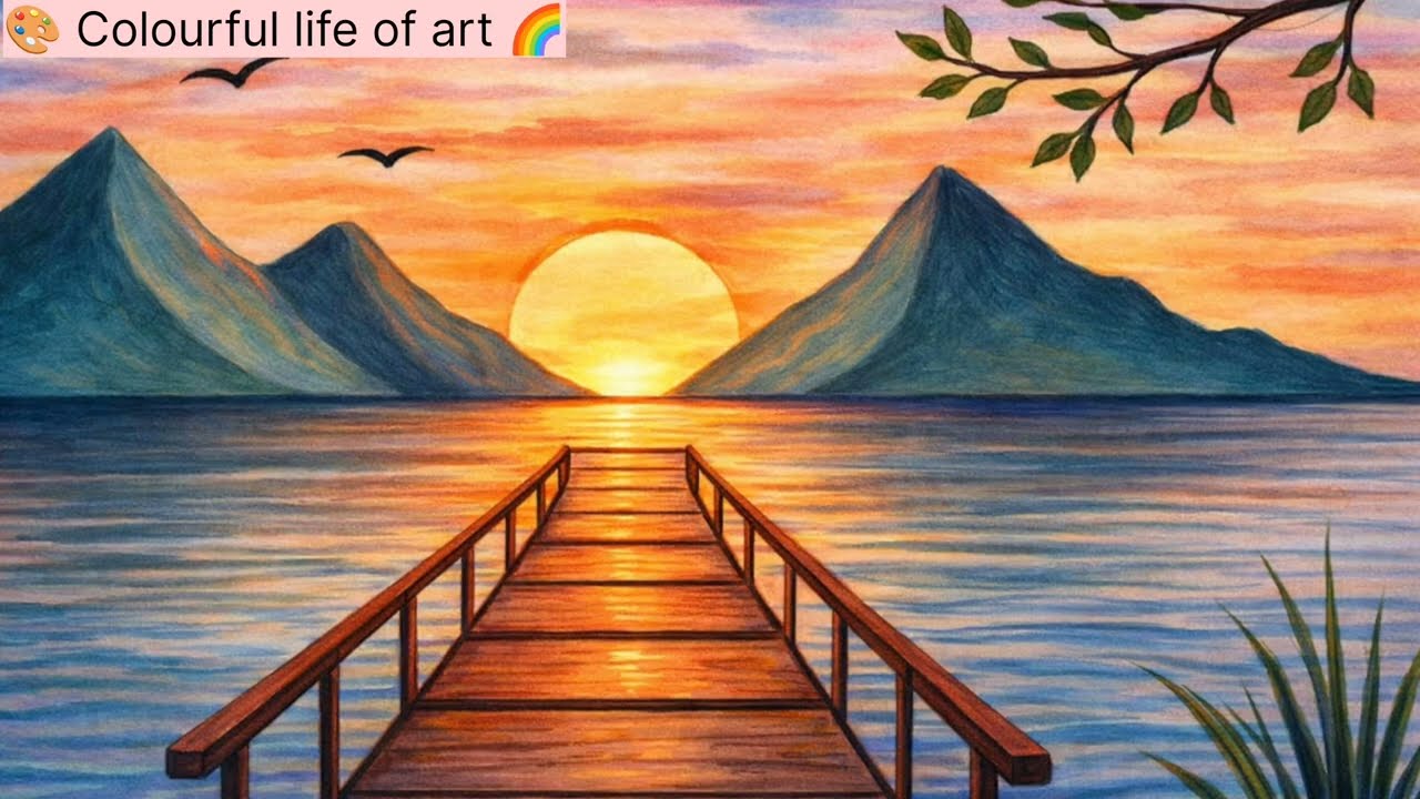 Calm Nature Painting | Sunset, Mountains & Water