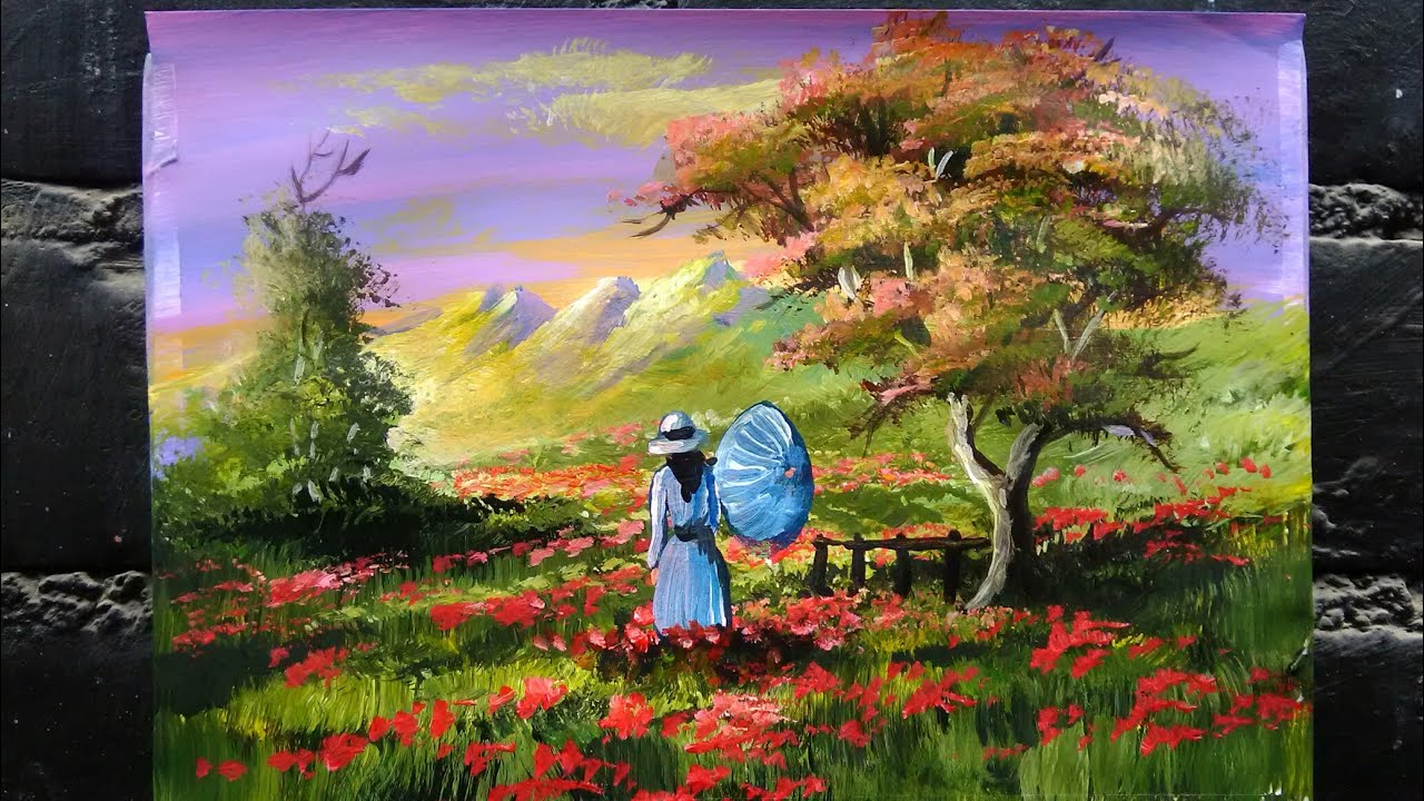 #21.Como pintar Paisaje con FLORES y mujer con sombrilla. acrílico.