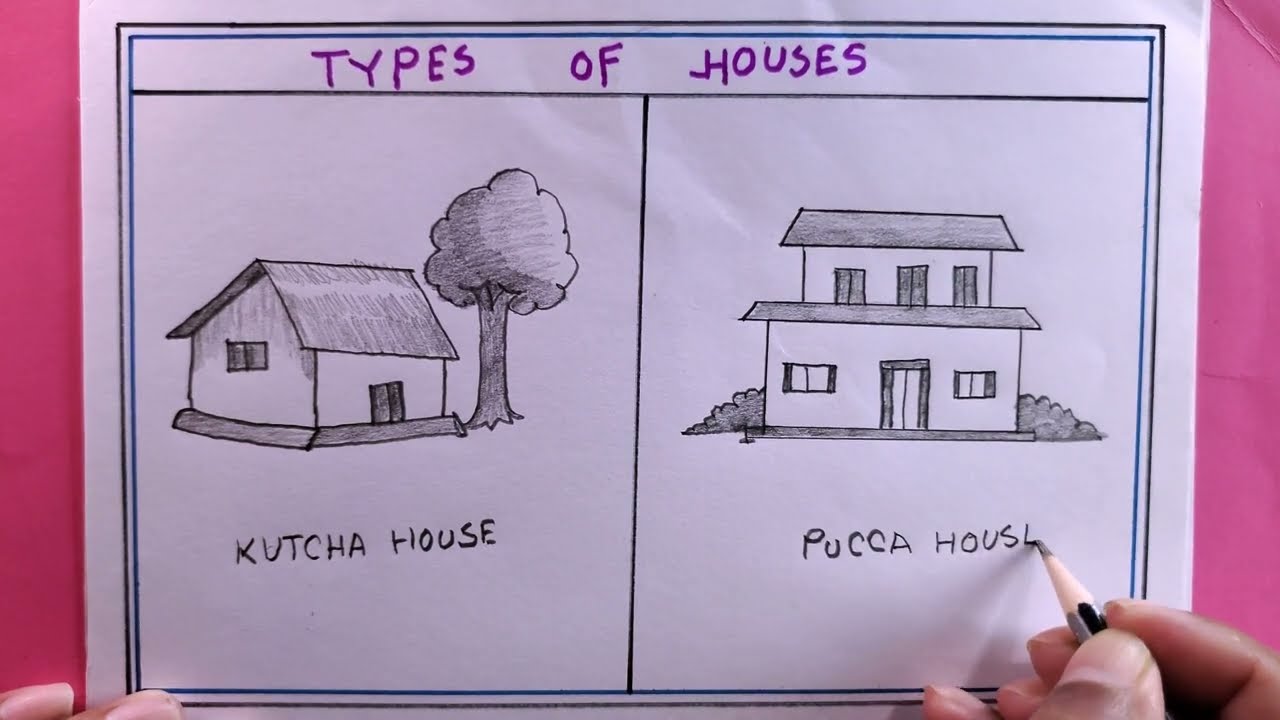 how to draw easy kutcha house and draw pucca house/house drawing