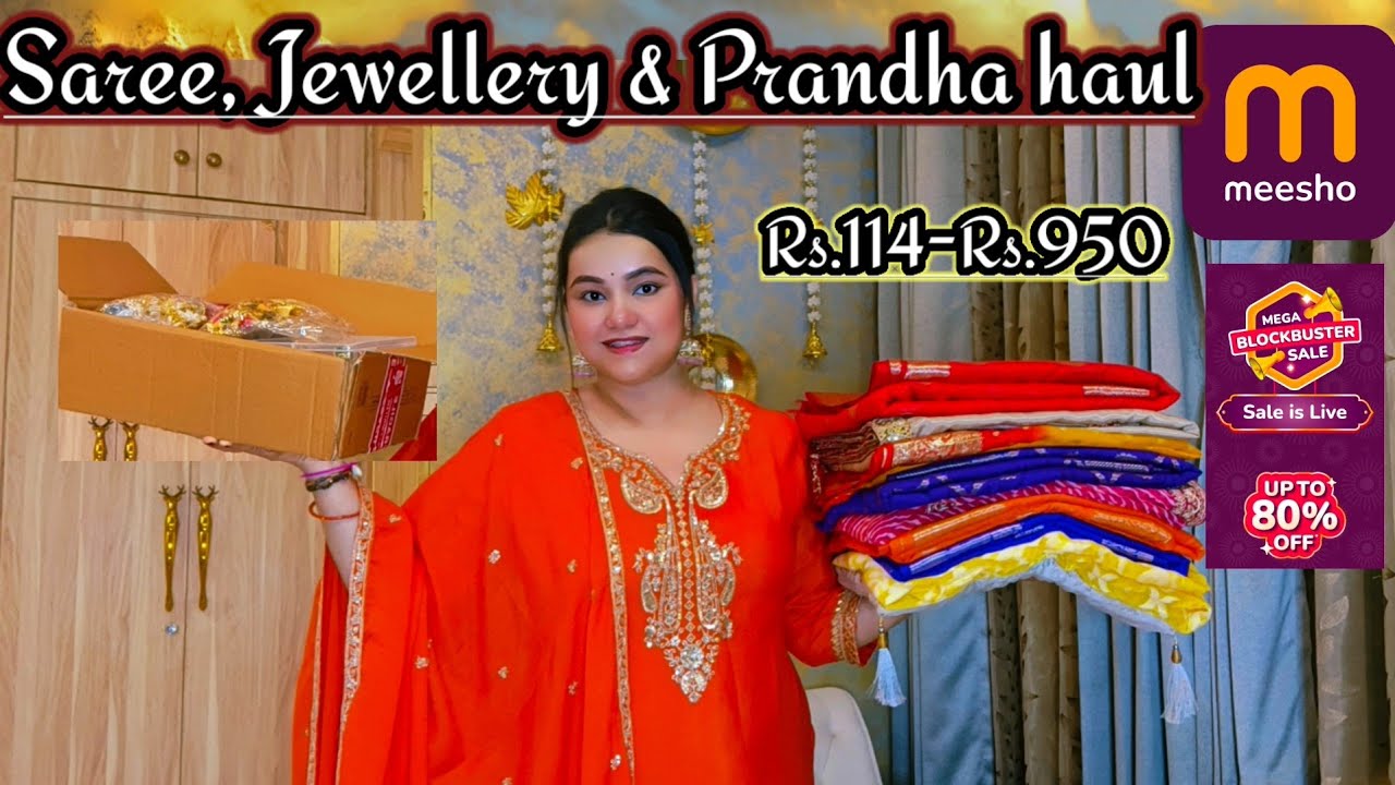 Huge Meesho maha sale upto 80% off Rs.114-Rs.950 Saree, jewellery set, Earrings & Paranda haul