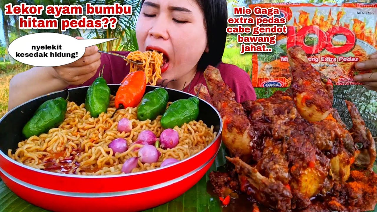 SPICY HOT 🥵 MIE GAGA 100, CABE GENDOT BAWANG MERAH MENTAH AYAM UTUH BUMBU PEDAS MUKBANG