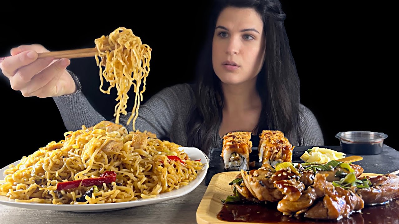 CHICKEN NOODLES, CHICKEN SKEWERS, SUSHI | MUKBANG | ASMR