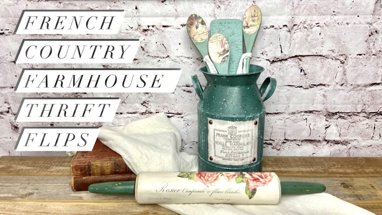 FRENCH COUNTRY FARMHOUSE THRIFT FLIPS DIY KITCHEN DECOR UTENSIL HOLDER WOOD UTENSILS & ROLLING PIN