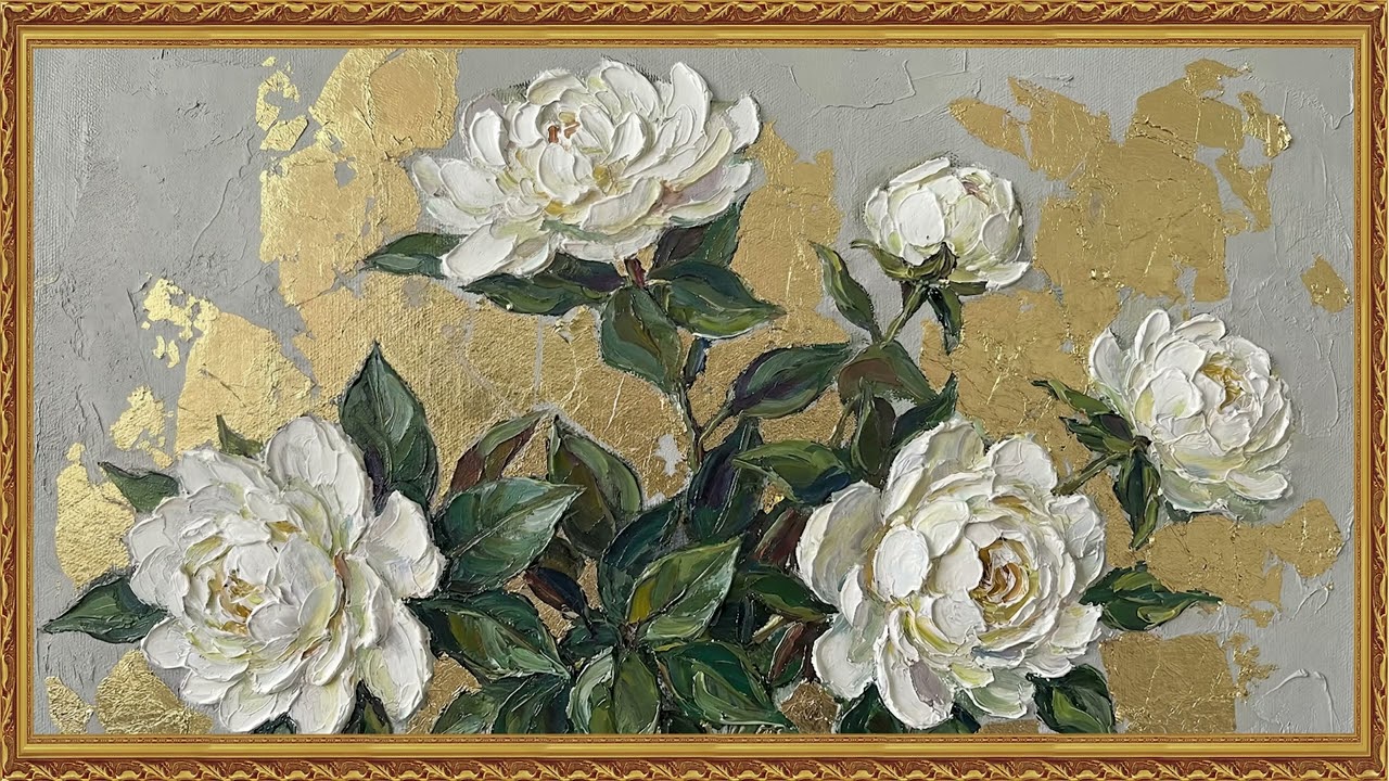 Altın Varaklı Beyaz Şakayık Tablosu | Klasik Yağlı Boya Sanat Ambiyansı & Frame TV 🎨✨ Tablo Ekran