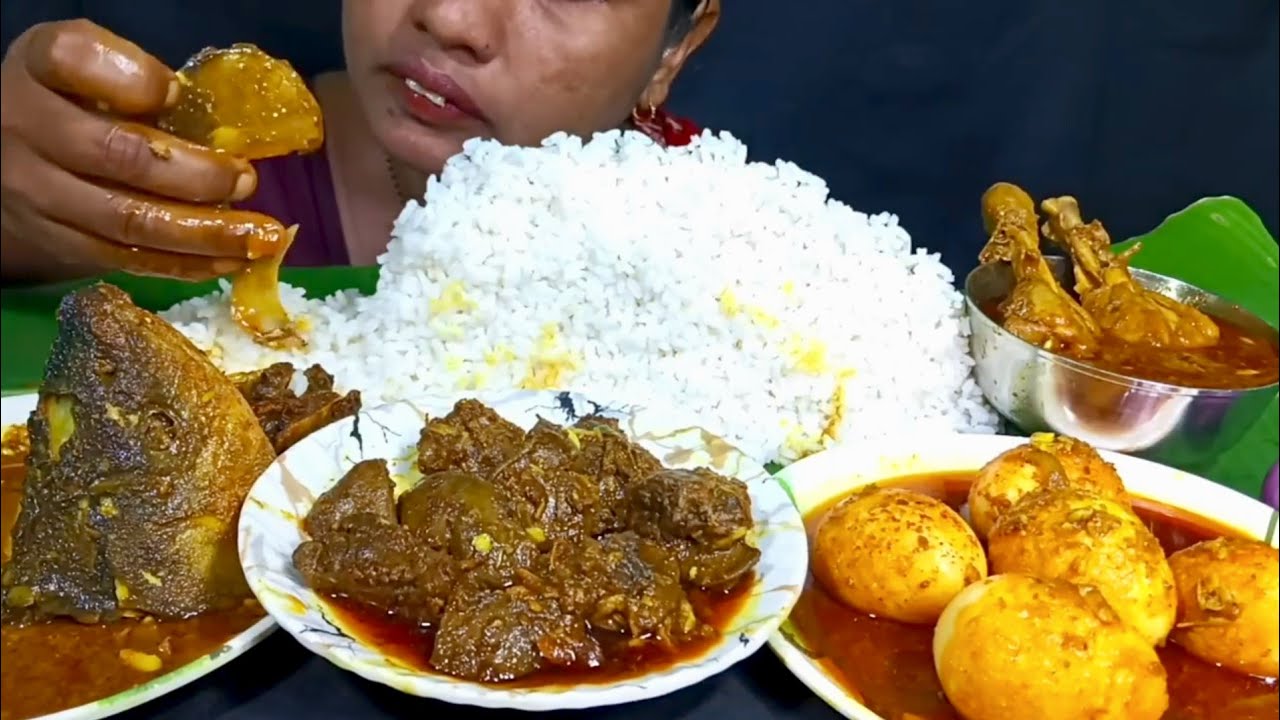 EATING SPICY 🔥 FISH HEAD CURRY, EGG CURRY, CHICKEN CURRY, CHICKEN LIVER CURRY WITH RICE/EATING SHOW 