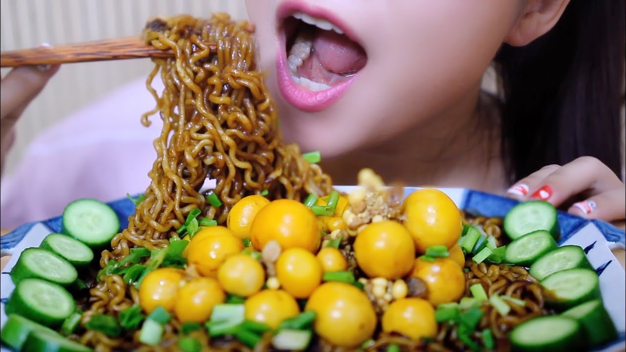 ASMR Black Bean Noodles (Jajangmyeon) with chicken baby eggs , SOFT CHEWY EATING SOUNDS | LINH-ASMR