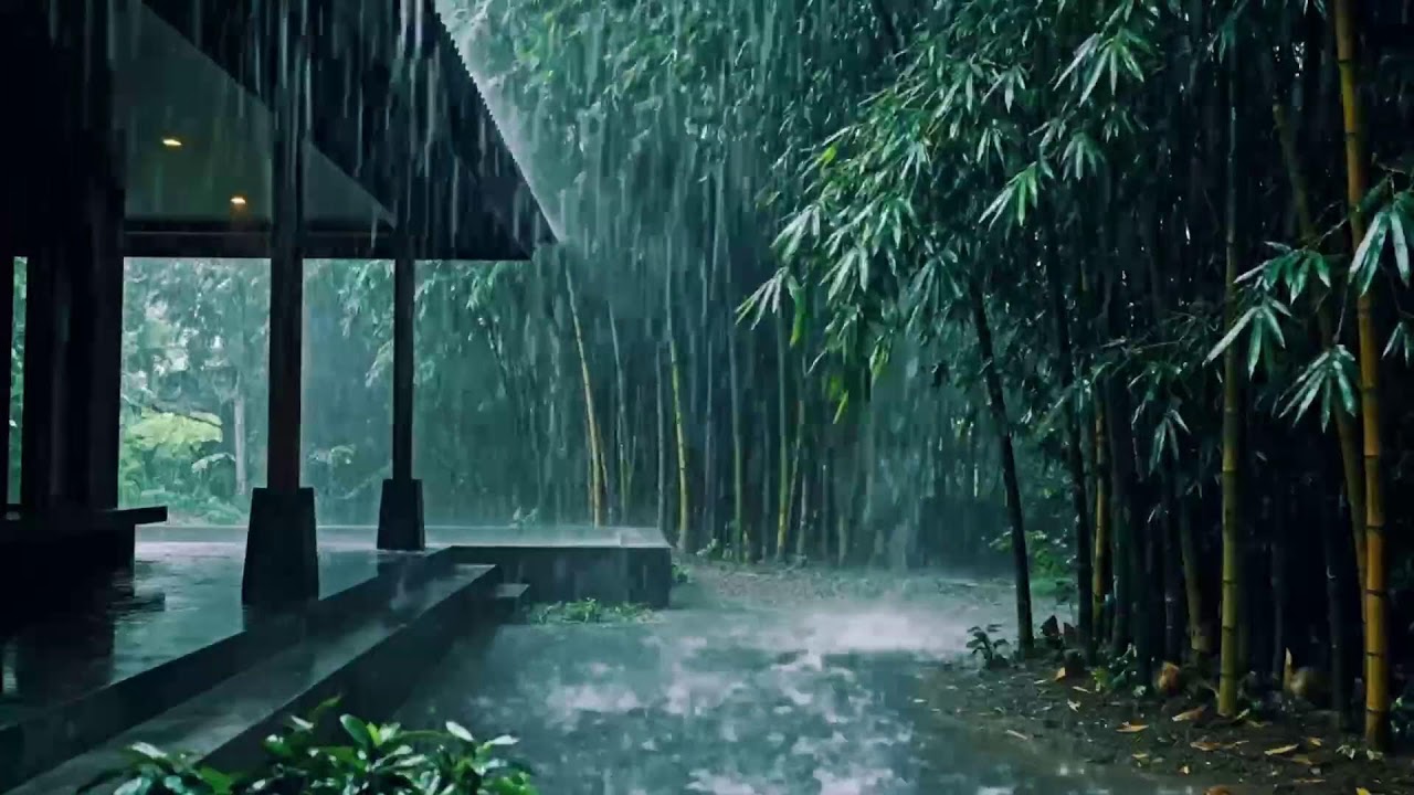ASMR Peaceful Heavy Rain Falling the Home Terrace Surrounded by Green Bamboo the Sheltered Sleep 14