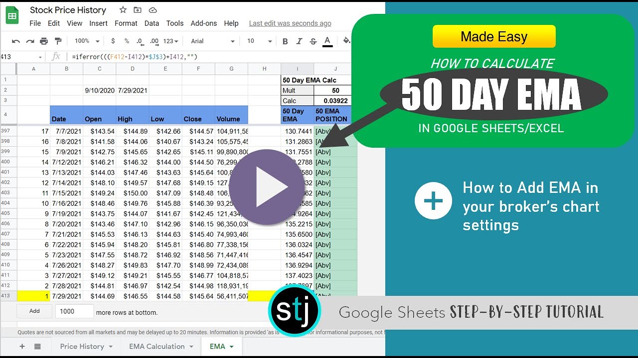 How to Calculate 50 Day EMA in Google Sheets/Excel