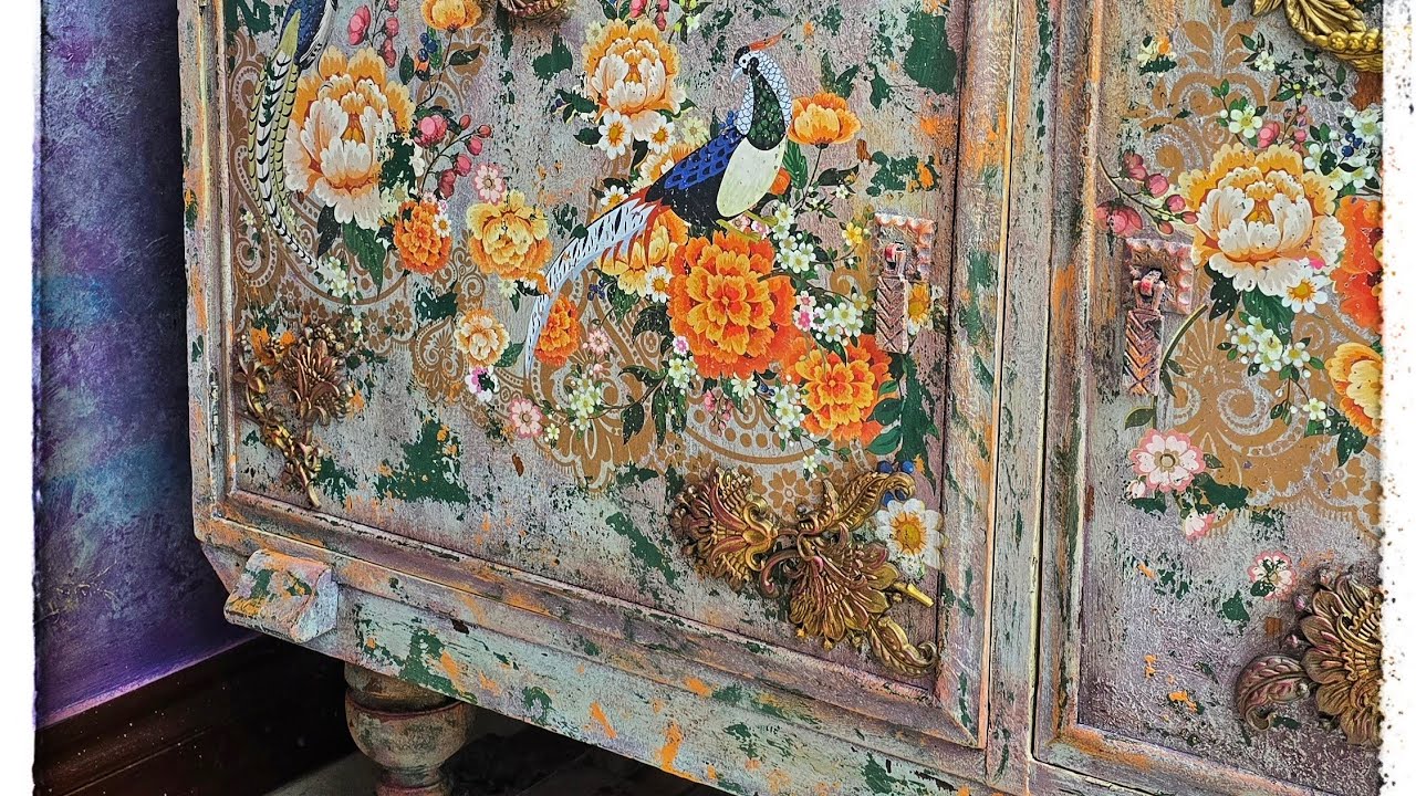 Vintage Glam, bohemian sideboard makeover,  furniture art, using transfers and moulds