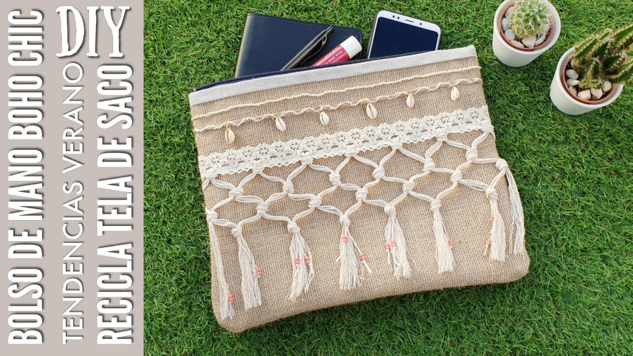 DIY BOLSO DE MANO BOHO CHIC | IDEAS CON CONCHAS | RECICLA TELA DE YUTE O DE ARPILLERA