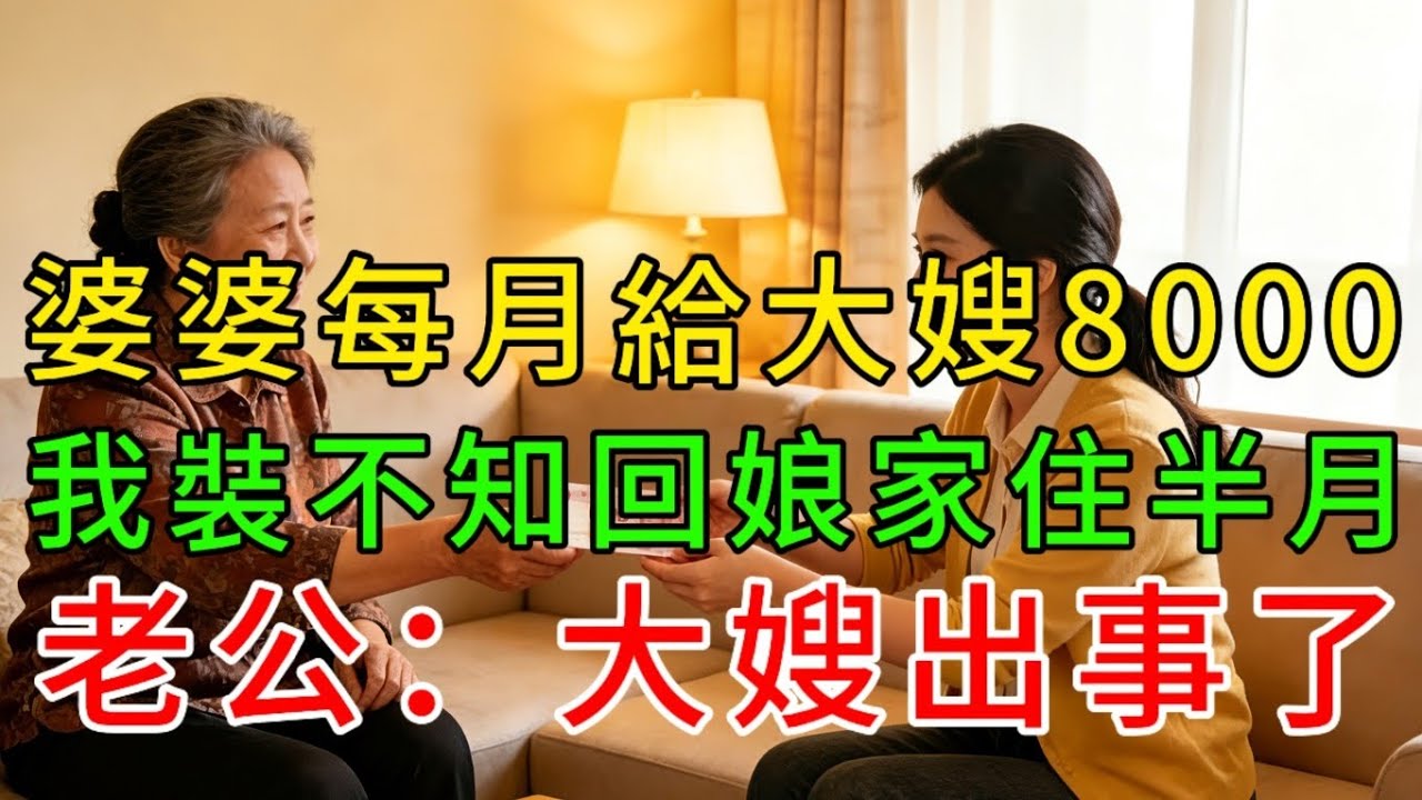 婆婆每月給大嫂8000，我裝不知回娘家住半月，老公：大嫂出事了