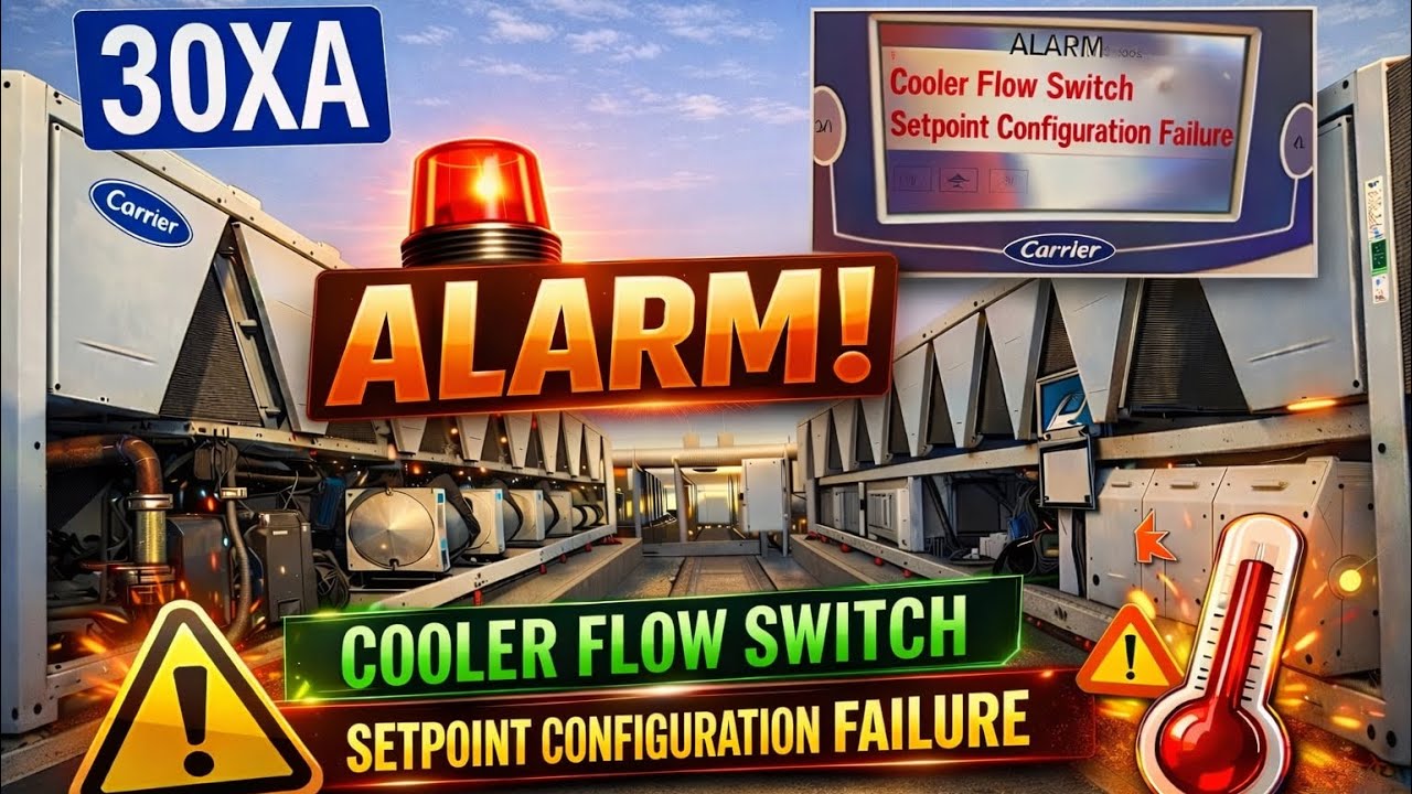 Cooler flow switch  setpoint configuration failure alarm in 30XA carrier chiller #alarm  #carrier