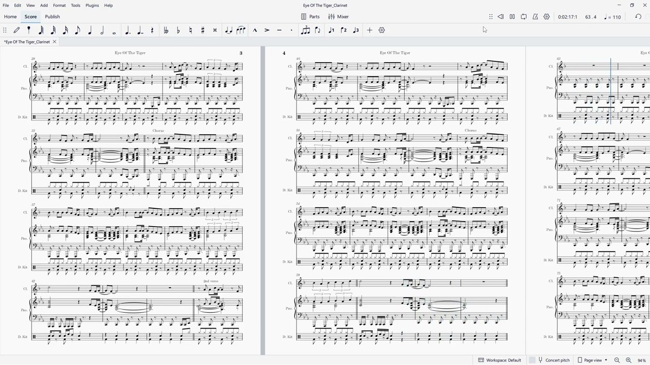 Eye of the Tiger (Frank Sulllivan, Jim Peterik).  Music arranged for clarinet, piano, & drums.