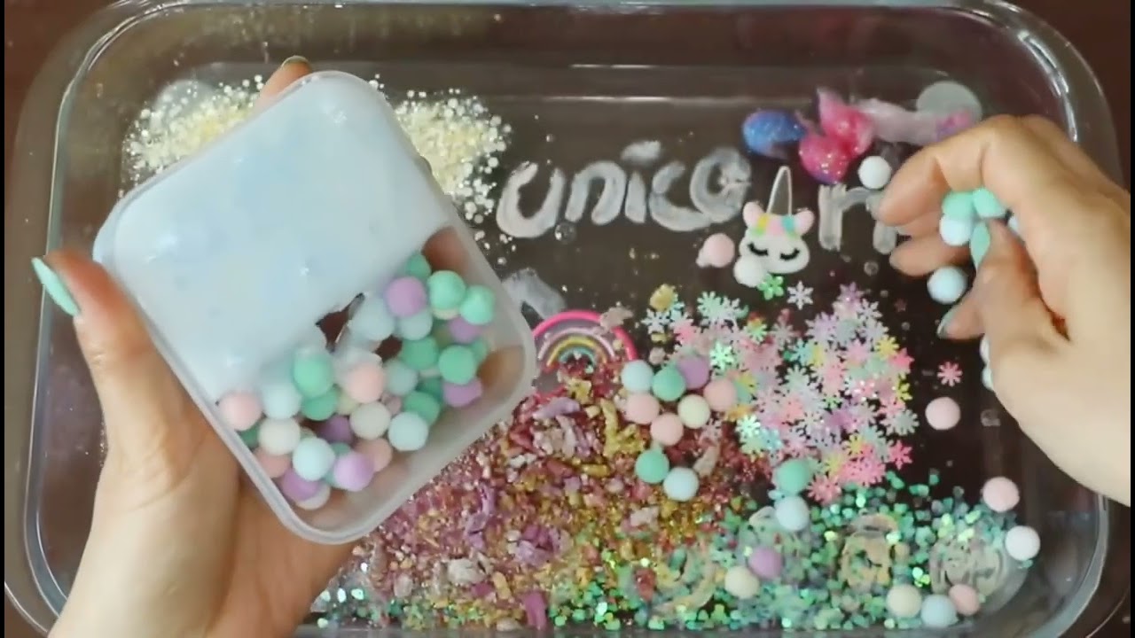 Mixing makeup glitter sequence and unicorn into slimeStation for Kids Playing and Bedtime Stories