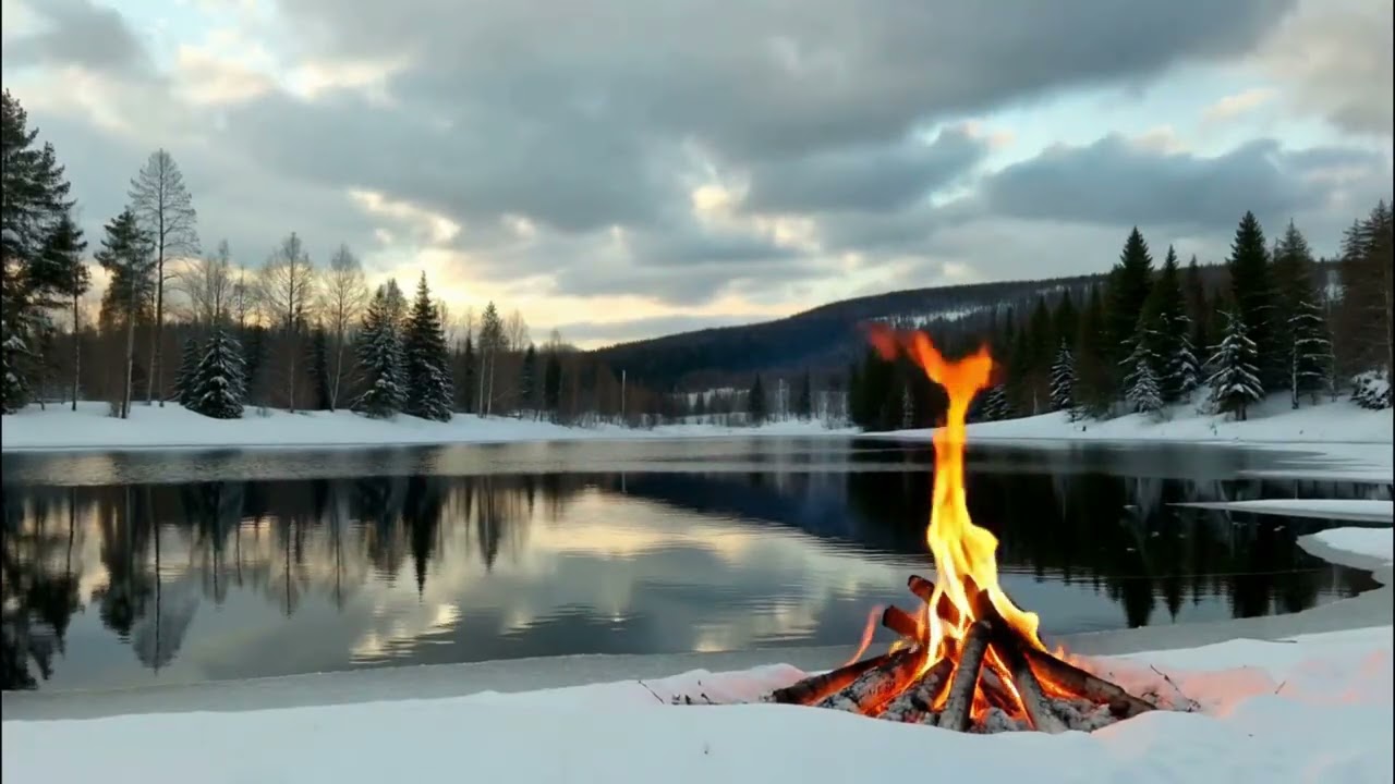 Snowy Lake Campfire | Warm Flames in a Quiet Winter Landscape