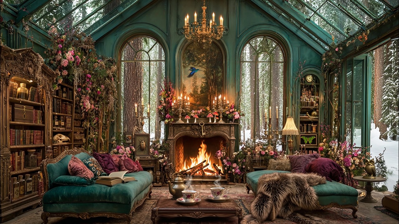 Snowy Winter Greenhouse Ambience with Fireplace Sounds ❄️ Dark Academia Reading Nook & Soft Snow