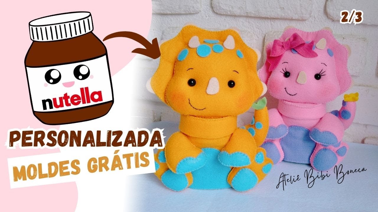 Como fazer Nutella personalizada em feltro/MOLDES GRÁTIS/PERSONALIZADO DE LUXO/ Dinossauro em feltro