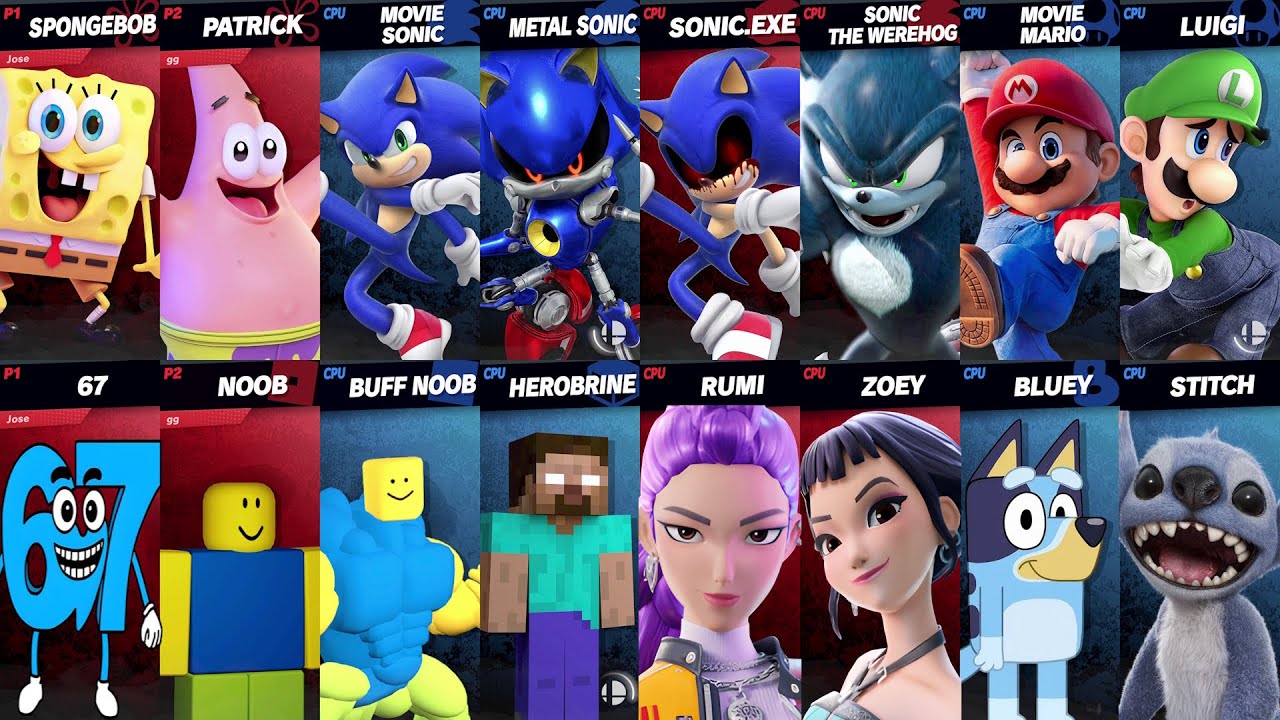 Sonic vs Mario vs Noob vs KPop Demon Hunters vs 67 vs Bluey vs SpongeBob | Super Smash Bros Ultimate