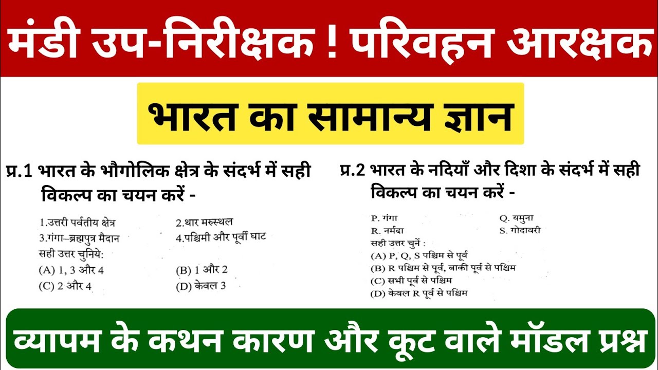 India GK MCQ | मंडी उपनिरीक्षक / परिवहन आरक्षक | CG Vyapam Important Questions