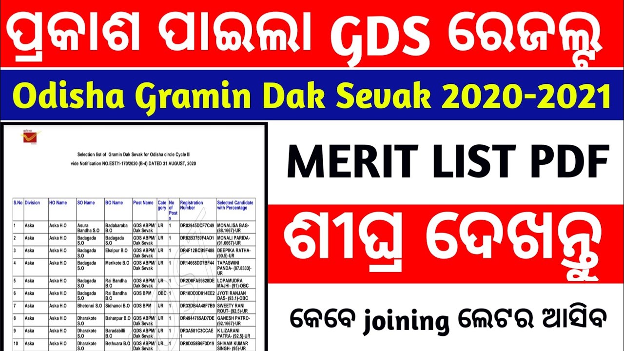 Odisha Gramin Dak Sevak 2020 ruselts || GDS Results || GDS merit list published || GDS final results