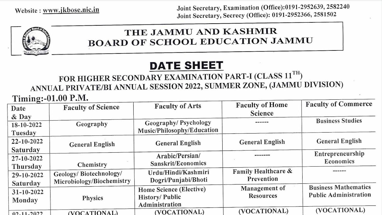 Date Sheet of jkbose Class 11th Annual Private/Bi-Annual Exam Summer Zone JammuDivision Session 2022
