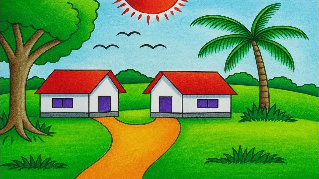 Beautiful Village Landscape Drawing | Easy Scenery Drawing for Beginners | Step by Step Art