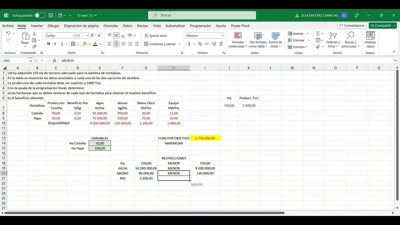 SOLUCION DE PROBLEMA DE OPTIMIZACION, RELACIONADO CON EL SECTOR AGRICOLA, APOYADO EN HOJA DE CALCULO
