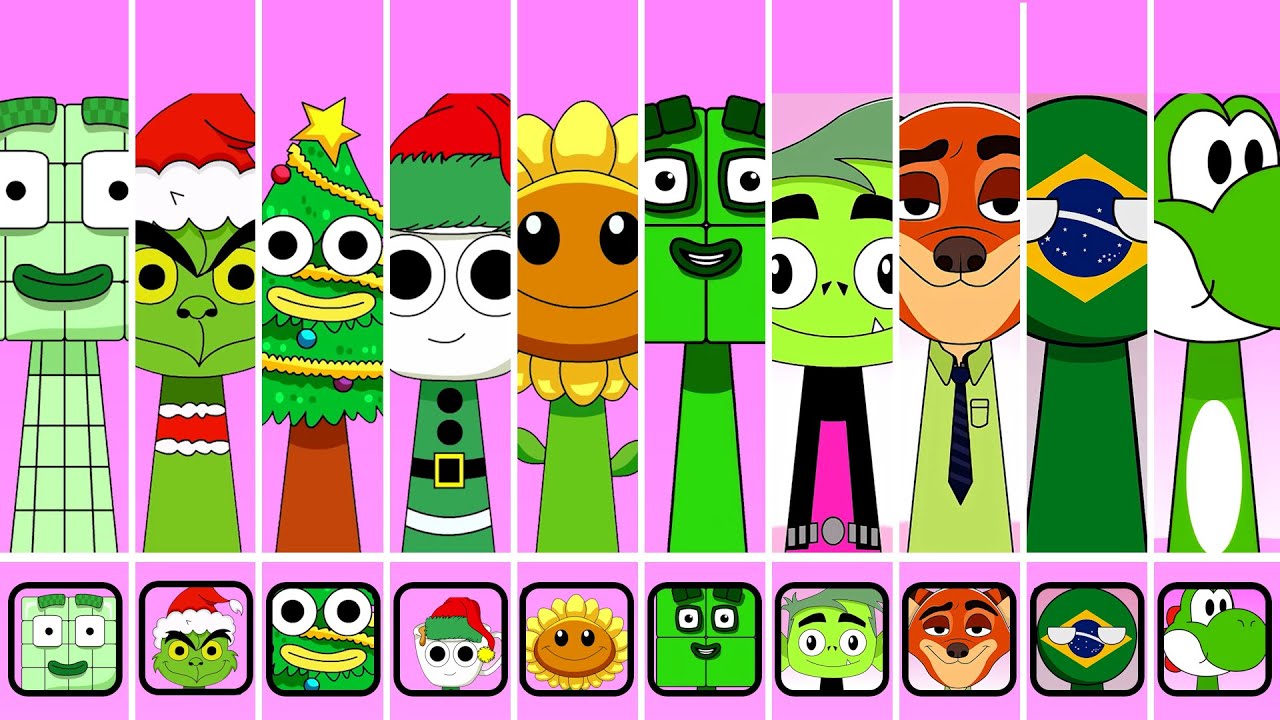 Sprunki Oc Fourteen, Grinch, Christmas Tree, Sun Flower, Four(Numberblocks), Brazil