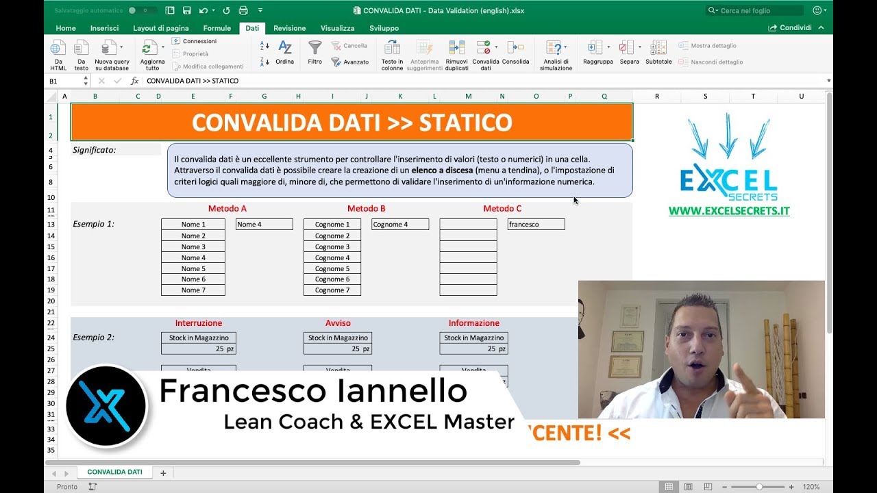EXCEL SECRETS - Tutorial - CONVALIDA DATI STATICO