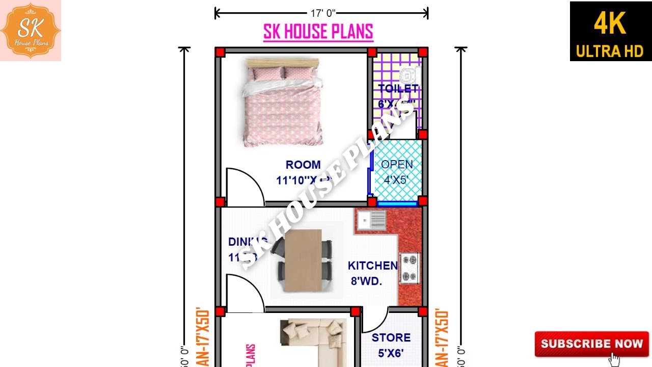 HOUSE PLAN 17' X 50’ / 850 SQ.FT / 94 SQ.YDS / 79 SQ.M / 94 GAJ / WITH INTERIOR / 2021 NEW PLAN