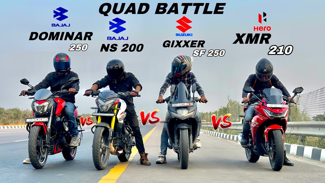 bajaj dominar 250 vs Suzuki Gixxer sf 250 vs pulsar ns 200 vs hero Karizma xmr 210 | quad battle😱