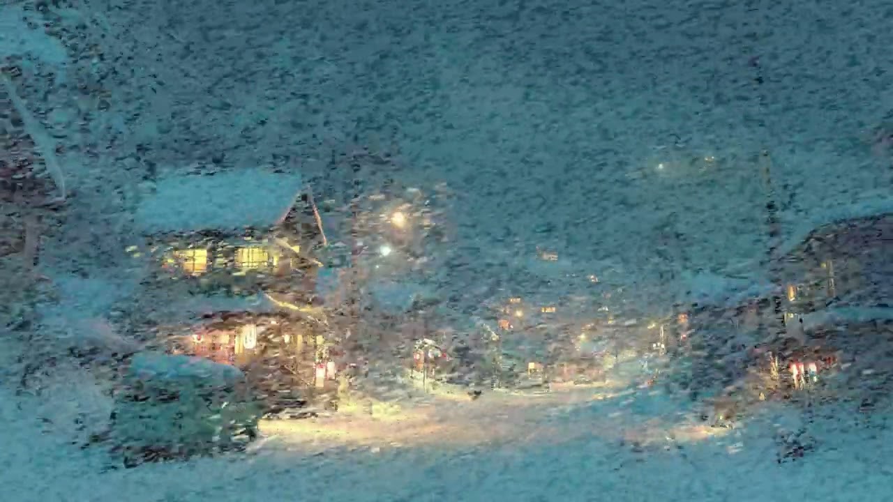 Cozy Snowy Mountain Town Blizzard Evening with Glowing Homes and Quiet Winter Streets Tonight
